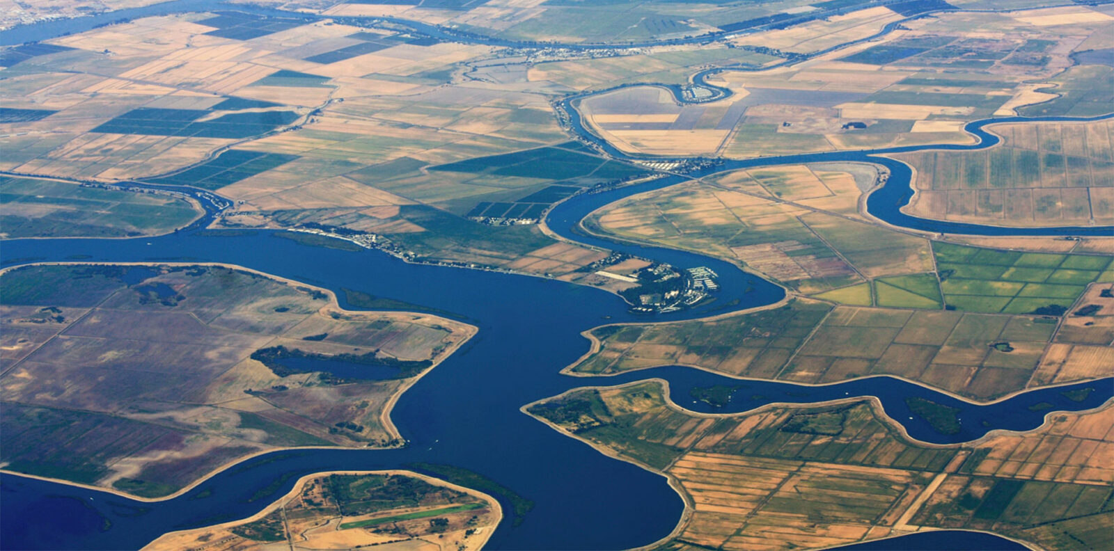 Aerial of San Joaquin Delta in California showing meandering waterways