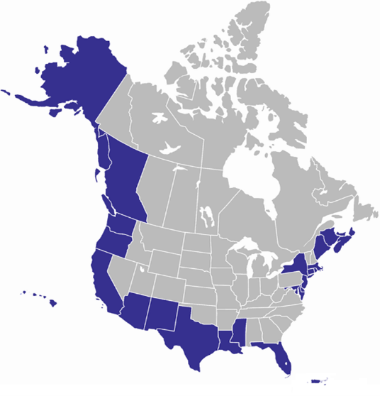 Map of North America showing shaded areas of experience.